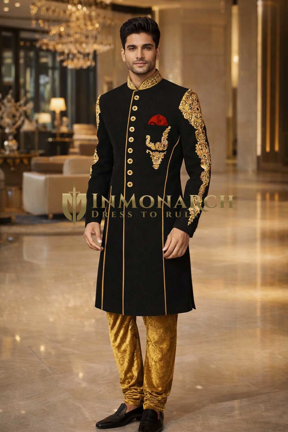 Sherwani noir brodé main mariage