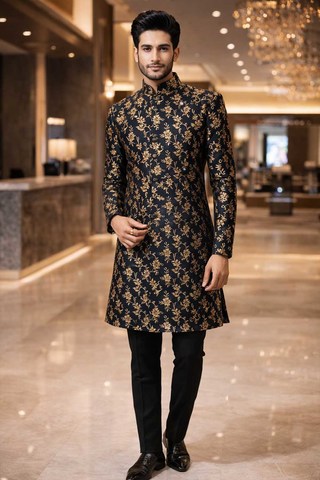 Sherwani floral negro tradicional hombre