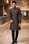 Mens Black Sherwani for Groom Wedding Floral Designer Outfit 2 Pc Suit