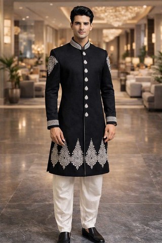 Sherwani indo occidental negro bordado