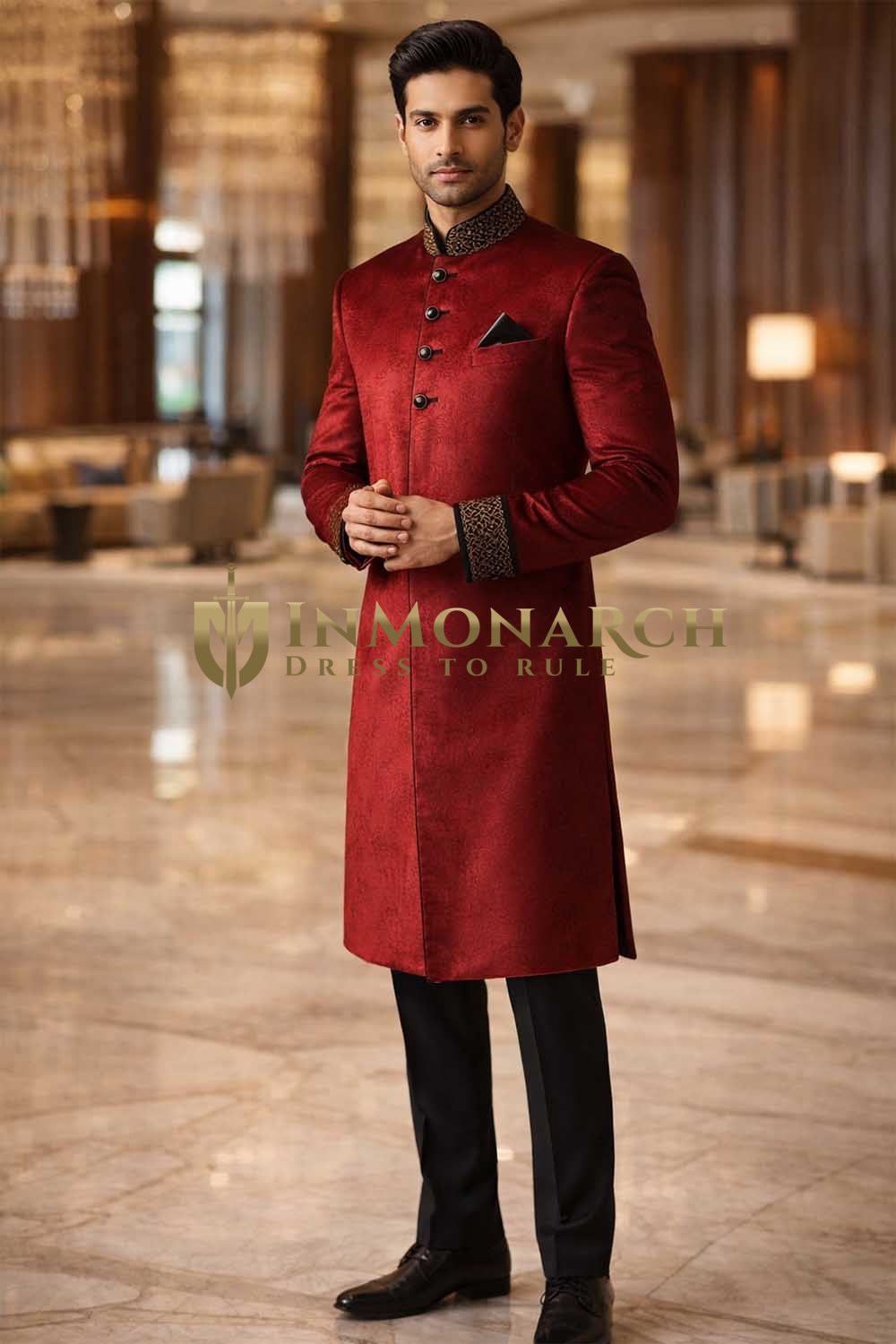 Sherwani rojo boda india hombre