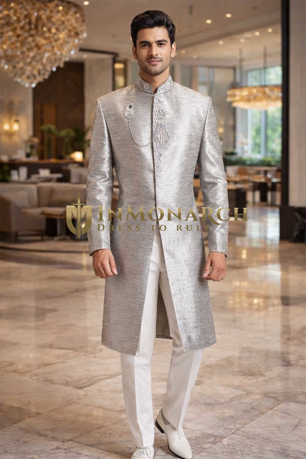 Mens Silver 3 Pc Indo Western Outfit Groom Wedding Nehru Collar Suit Set