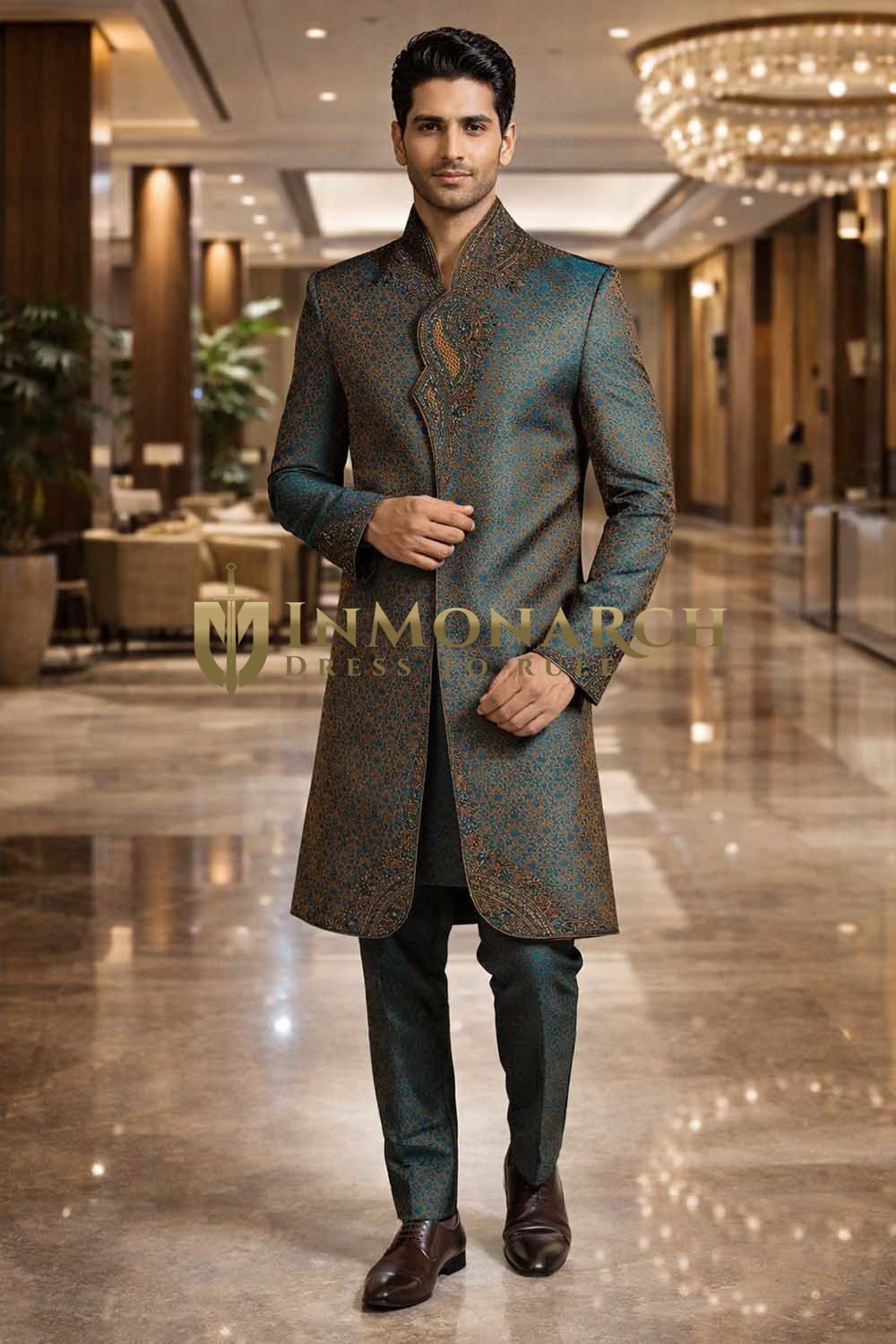 Mens Green Indo Western Designer Outfit Angarakha Style 2 Piece Groom Wear Events