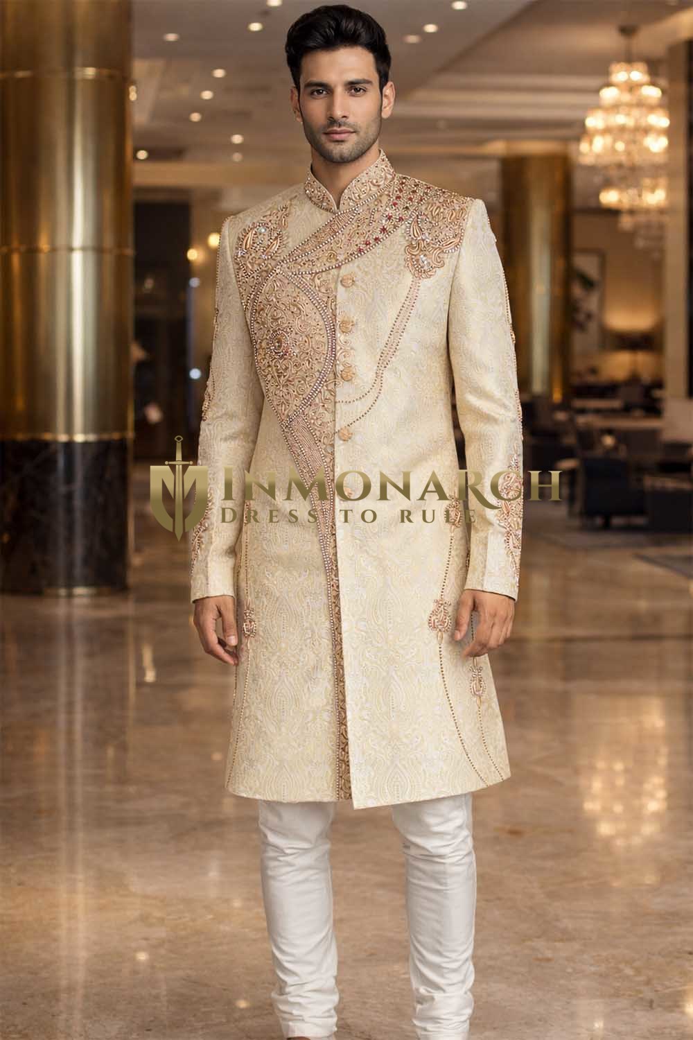 Mens Ivory Indo Western Outfit Angarakha Style 2 Piece Groom Wedding Wear
