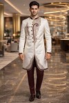 Mens Cream Indo Western Outfit 2 Piece Embroidered Groom Wedding Wear Set