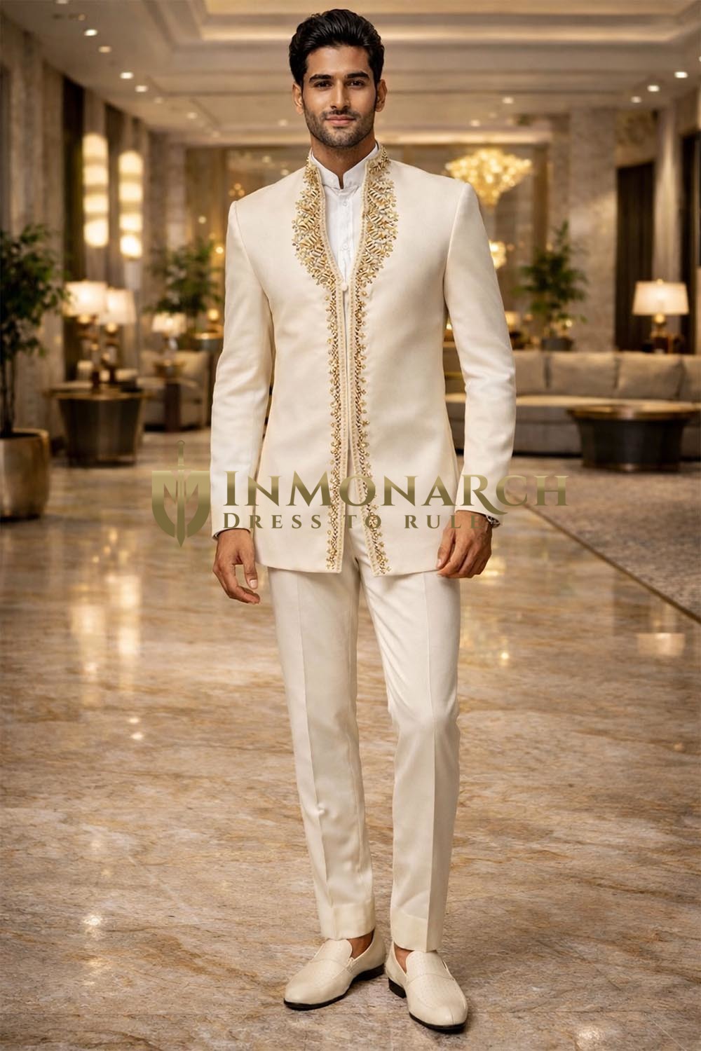 Mens Ivory Jodhpuri Suit 3 Piece Nehru Collar Groom Wedding Outfit Set
