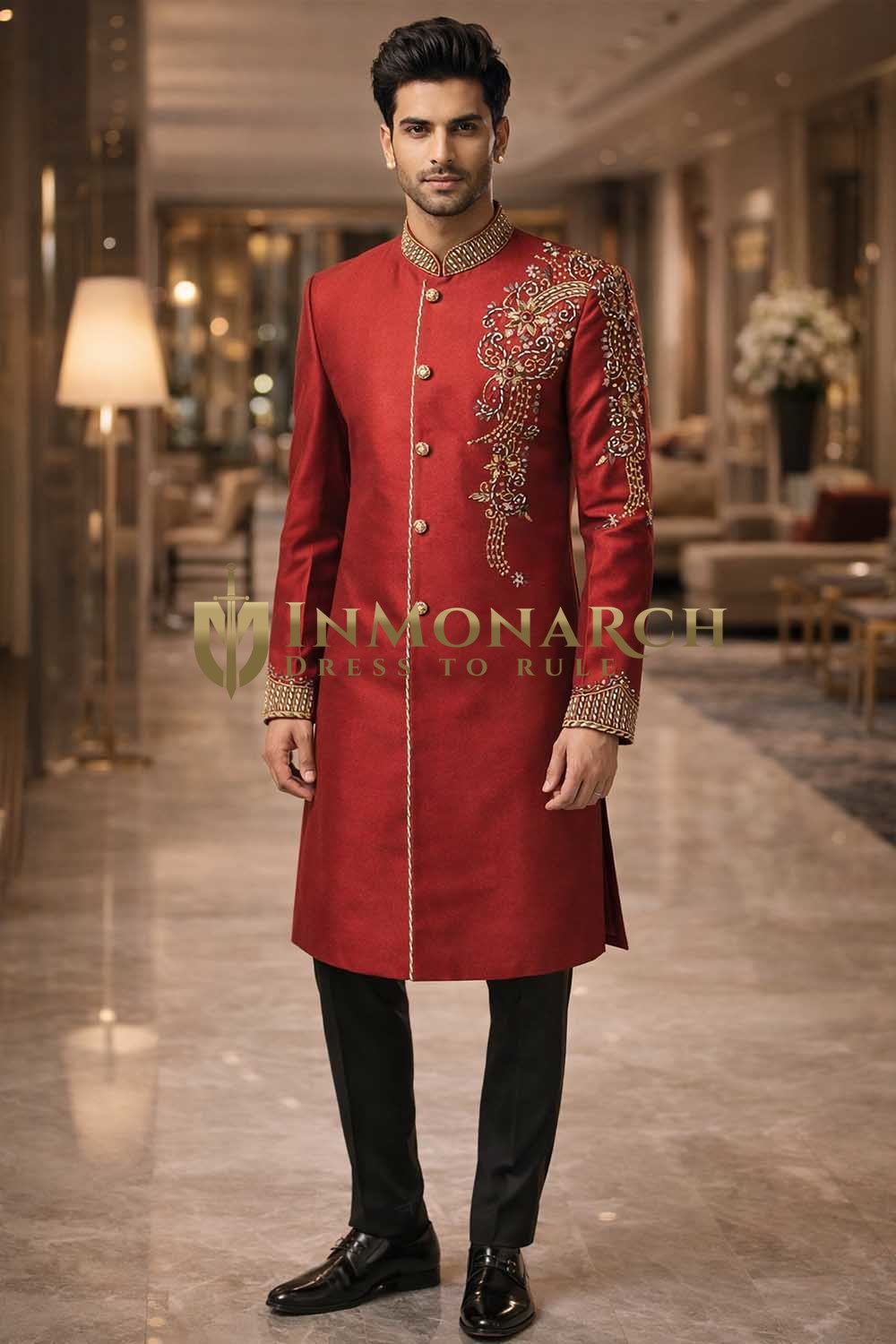 Traje indo western burdeos bordado