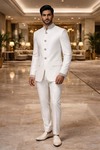 Mens White Linen Jodhpuri Suit Nehru Collar Groom Wedding Outfit 2Pc