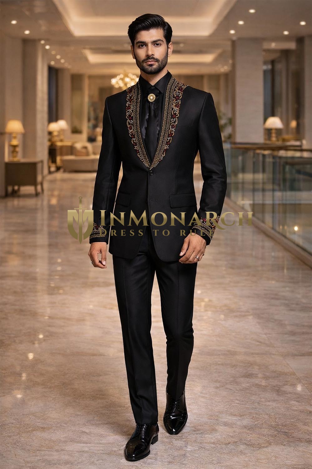 Mens Black Jodhpuri Suit Nehru Collar Groom Wedding Outfit 5Pc Set