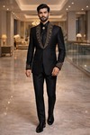 Mens Black Jodhpuri Suit Nehru Collar Groom Wedding Outfit 5Pc Set