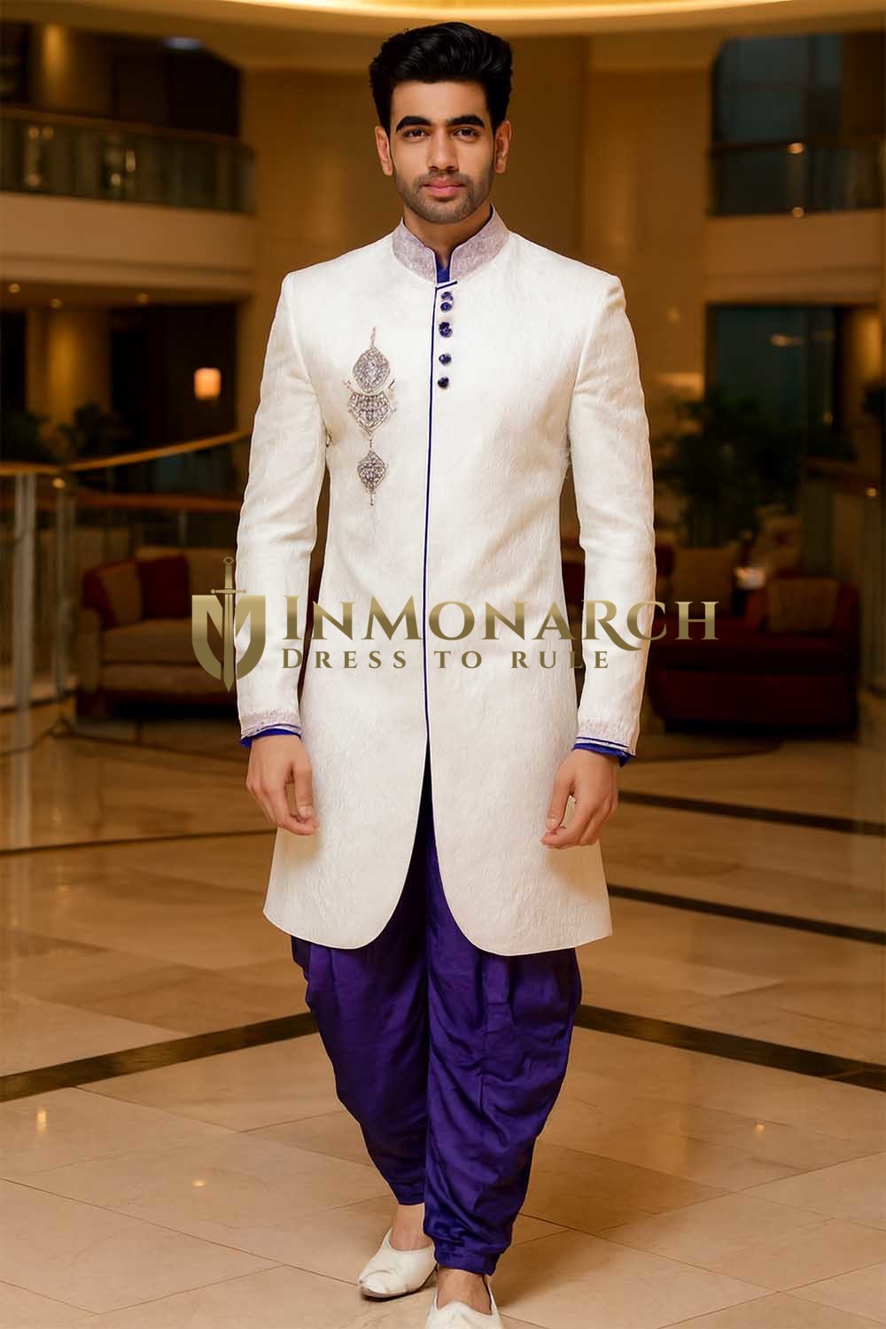 Mens White Indo Western Outfit 2 Piece Embroidered Groom Wedding Wear