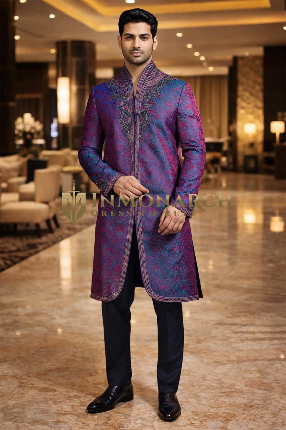 Mens Purple Indo Western Outfit 2 Pc Suit Groom Wedding Designer Wear Set