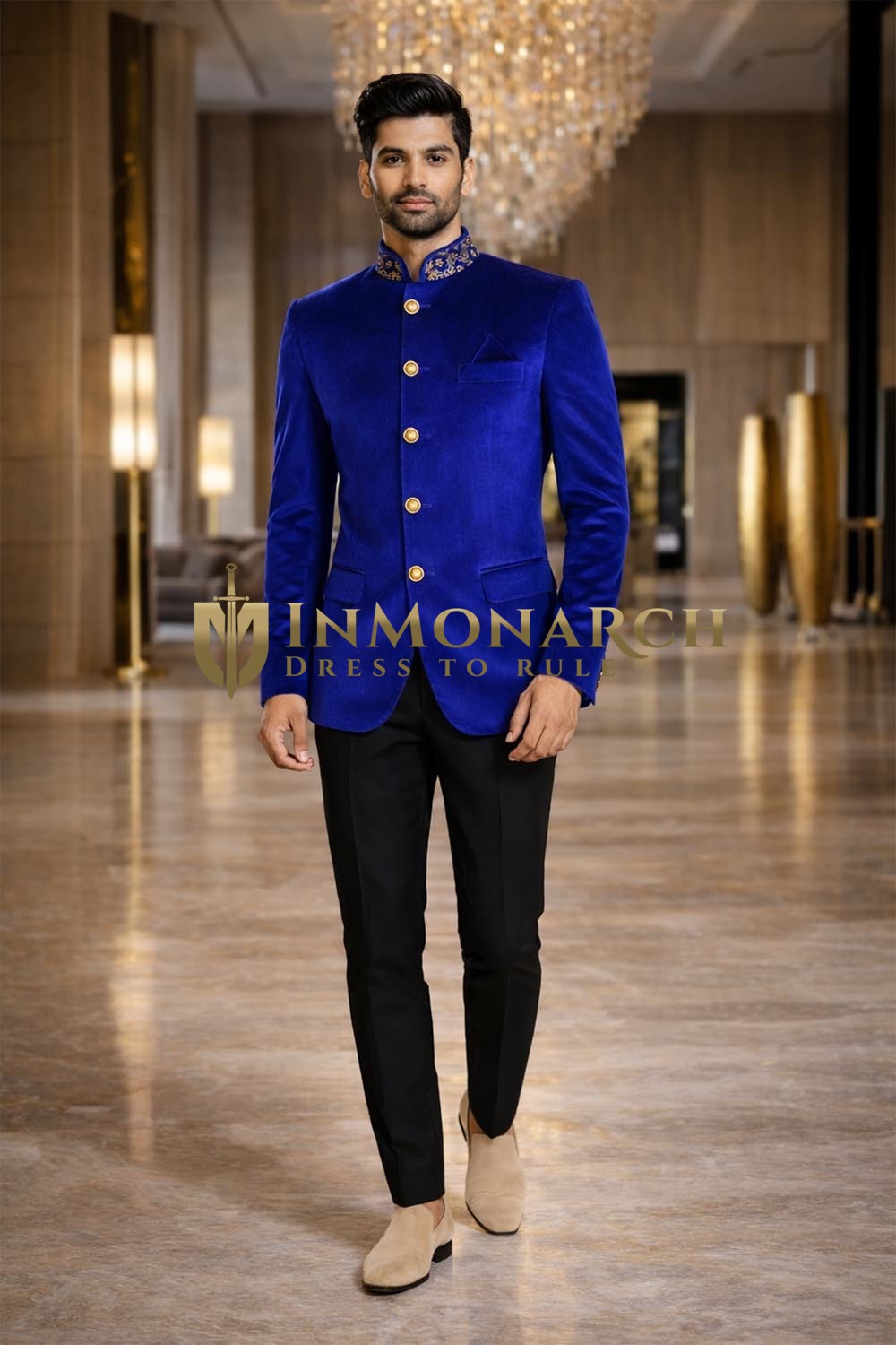 Costume Jodhpuri velours bleu cinq