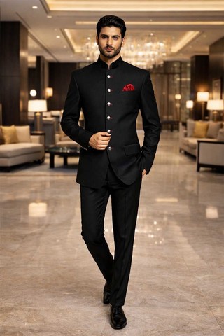 Costume Jodhpuri noir à boutons rouges