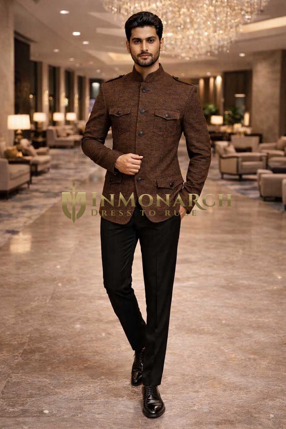 Traje Jodhpuri safari marrón elegante