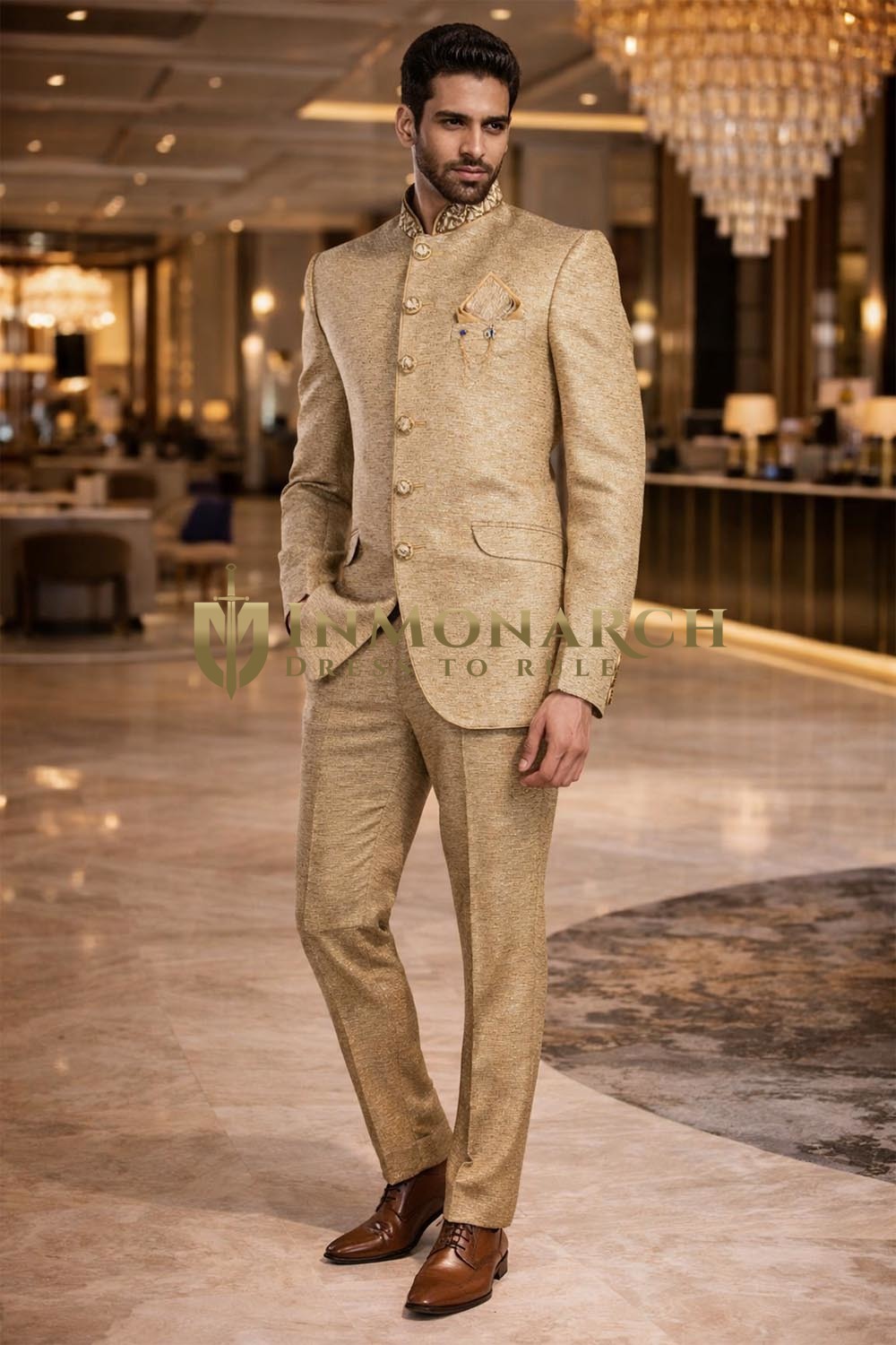 Mens Beige Jodhpuri Suit Nehru Collar 4 Piece Groom Wedding Outfit Elegant