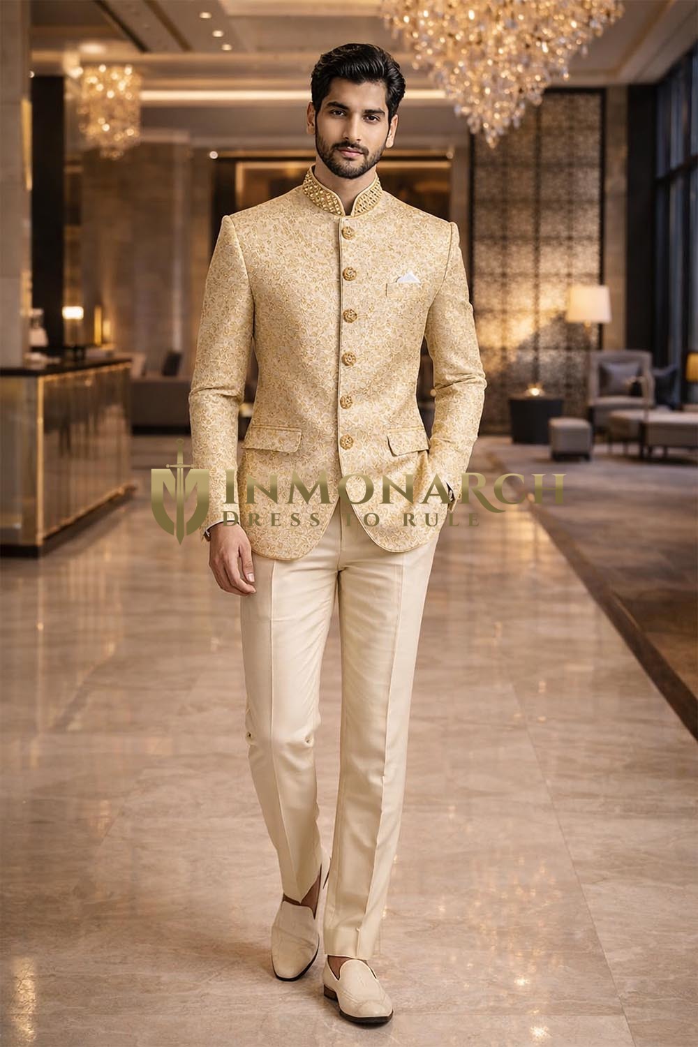 Mens Beige Jodhpuri Suit Nehru Collar 3 Piece Groom Wedding Outfit Classic