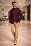 Mens Wine Jodhpuri Suit Nehru Collar 2 Piece Groom Wedding Outfit Classic