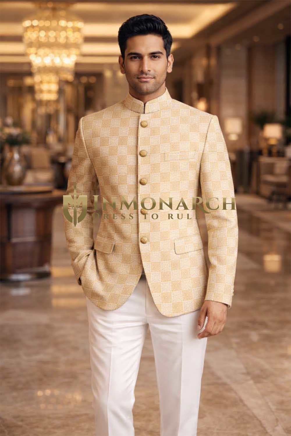 Mens Gold Jodhpuri Suit Nehru Collar Groom Wedding 2 Piece Outfit Set New