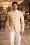 Mens Gold Jodhpuri Suit Nehru Collar Groom Wedding 2 Piece Outfit Set New