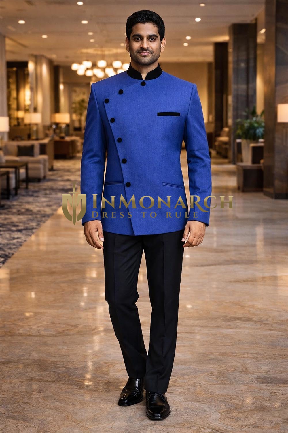 Traje Jodhpuri Angrakha azul terciopelo