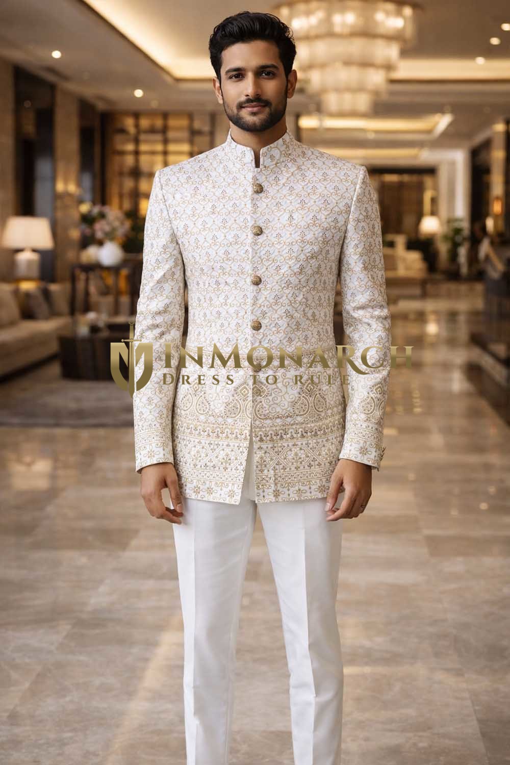 Mens White Jodhpuri Suit Nehru Collar Groom Wedding 2 Piece Outfit Set New
