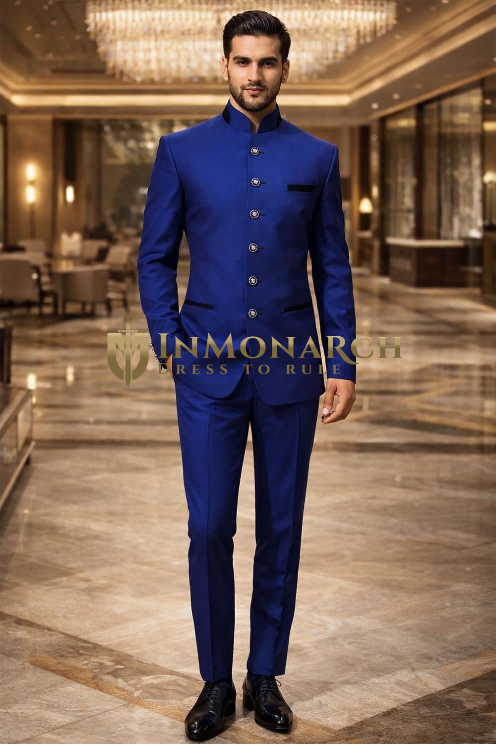 Mens Royal Blue Jodhpuri Suit Nehru Collar 2 Piece Groom Wedding Outfit