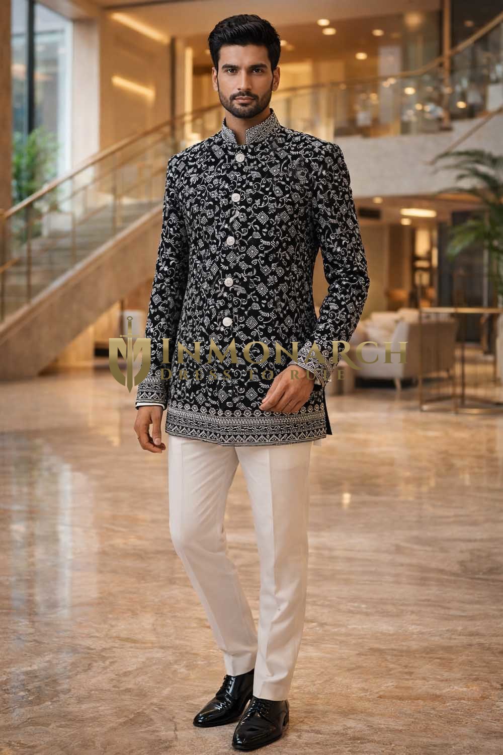 Mens Black Jodhpuri Suit Nehru Collar Groom Wedding 2 Piece Velvet Outfit