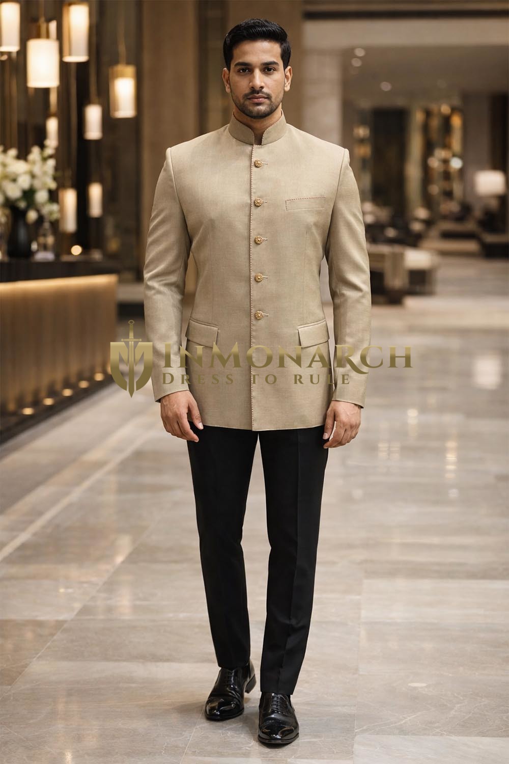 Mens Beige 2 Piece Jodhpuri Suit Nehru Collar Wedding Formal Outfit Set