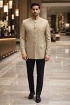 Mens Beige 2 Piece Jodhpuri Suit Nehru Collar Wedding Formal Outfit Set
