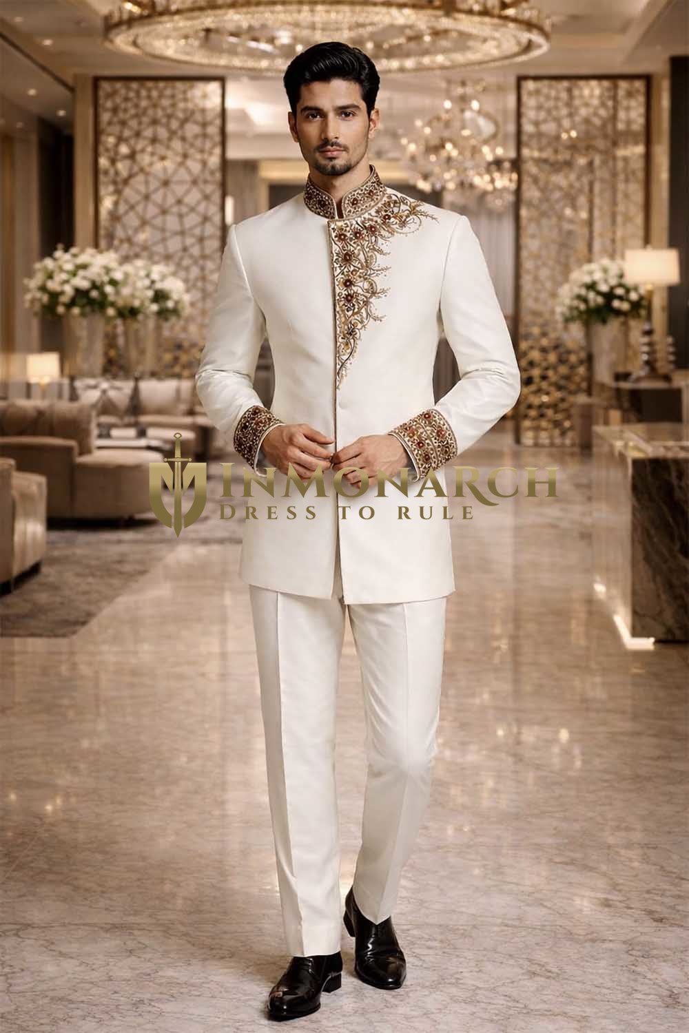 Costume Jodhpur angarakha crème brodé