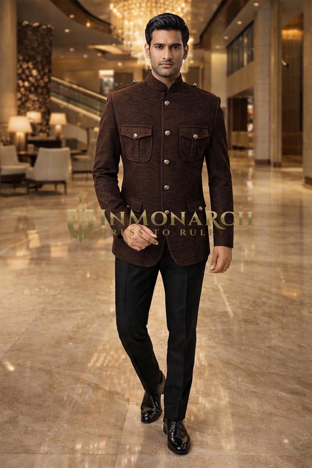 Mens Brown 2 Piece Jodhpuri Suit Safari Style Wedding Formal Outfit Set