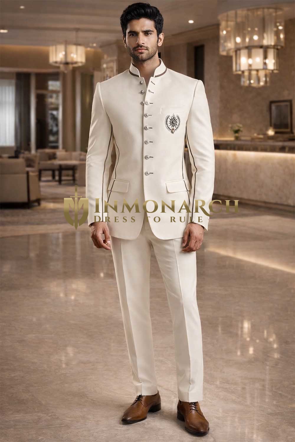 Costume marié Jodhpur crème brodé