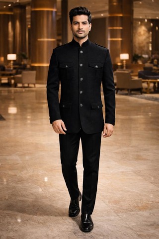 Mens Black 2 Piece Jodhpuri Suit Safari Style Wedding Formal Outfit Set