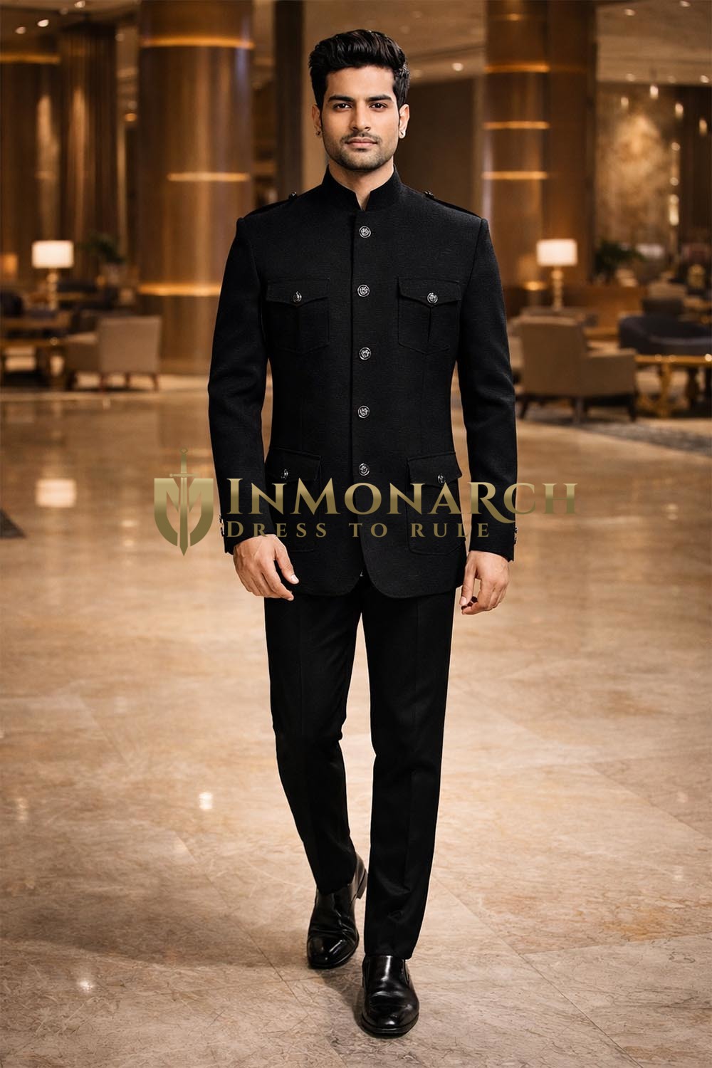 Mens Black 2 Piece Jodhpuri Suit Safari Style Wedding Formal Outfit Set