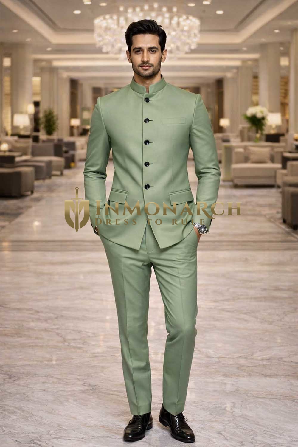 Men's Sage Green Jodhpuri Suit 2 Piece Nehru Collar Groom Wedding Designer Outfit