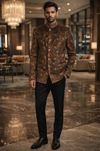 Mens Gray Printed 2 Piece Jodhpuri Suit Velvet Wedding Formal Outfit