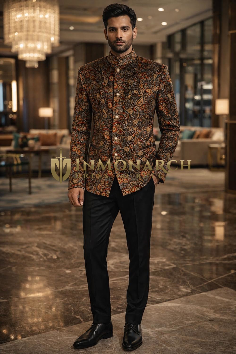 Mens Gray Printed 2 Piece Jodhpuri Suit Velvet Wedding Formal Outfit