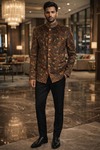 Mens Gray Printed 2 Piece Jodhpuri Suit Velvet Wedding Formal Outfit