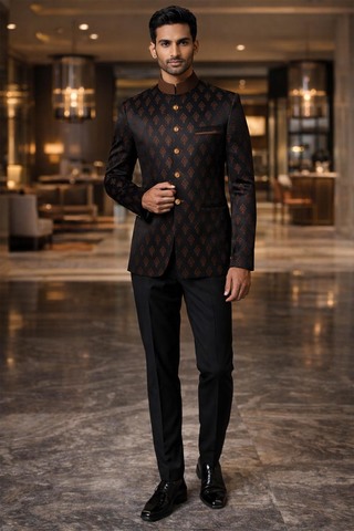 Mens Black 2 Piece Jodhpuri Suit Brown Floral Wedding Formal Outfit