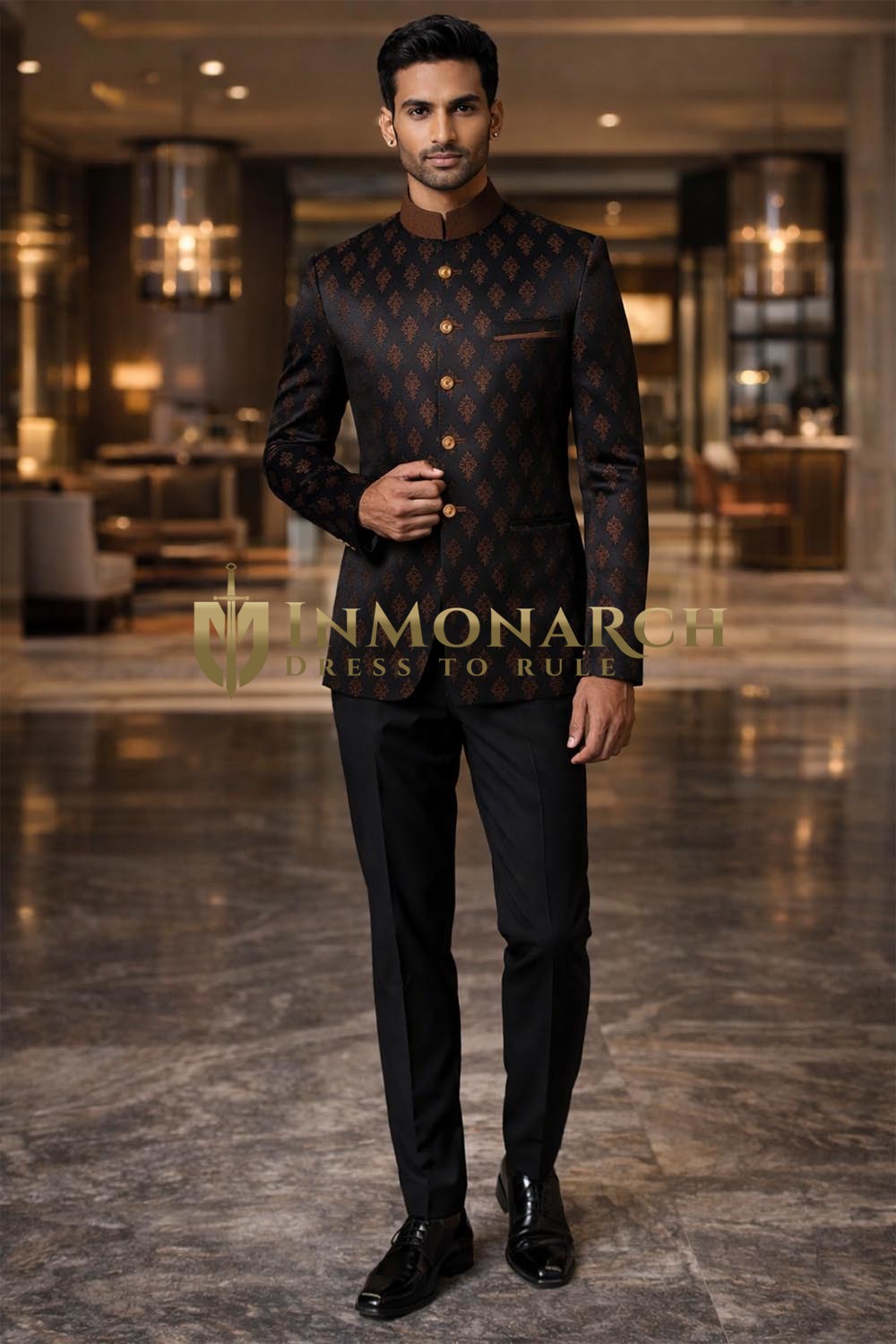 Mens Black 2 Piece Jodhpuri Suit Brown Floral Wedding Formal Outfit