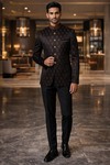 Mens Black 2 Piece Jodhpuri Suit Brown Floral Wedding Formal Outfit