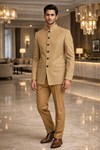 Mens Light Orange Paisley Jodhpuri Suit Nehru Collar Grooms Wedding Formal Outfit