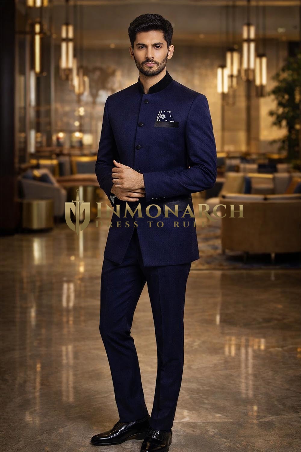 Traje jodhpuri azul para hombre