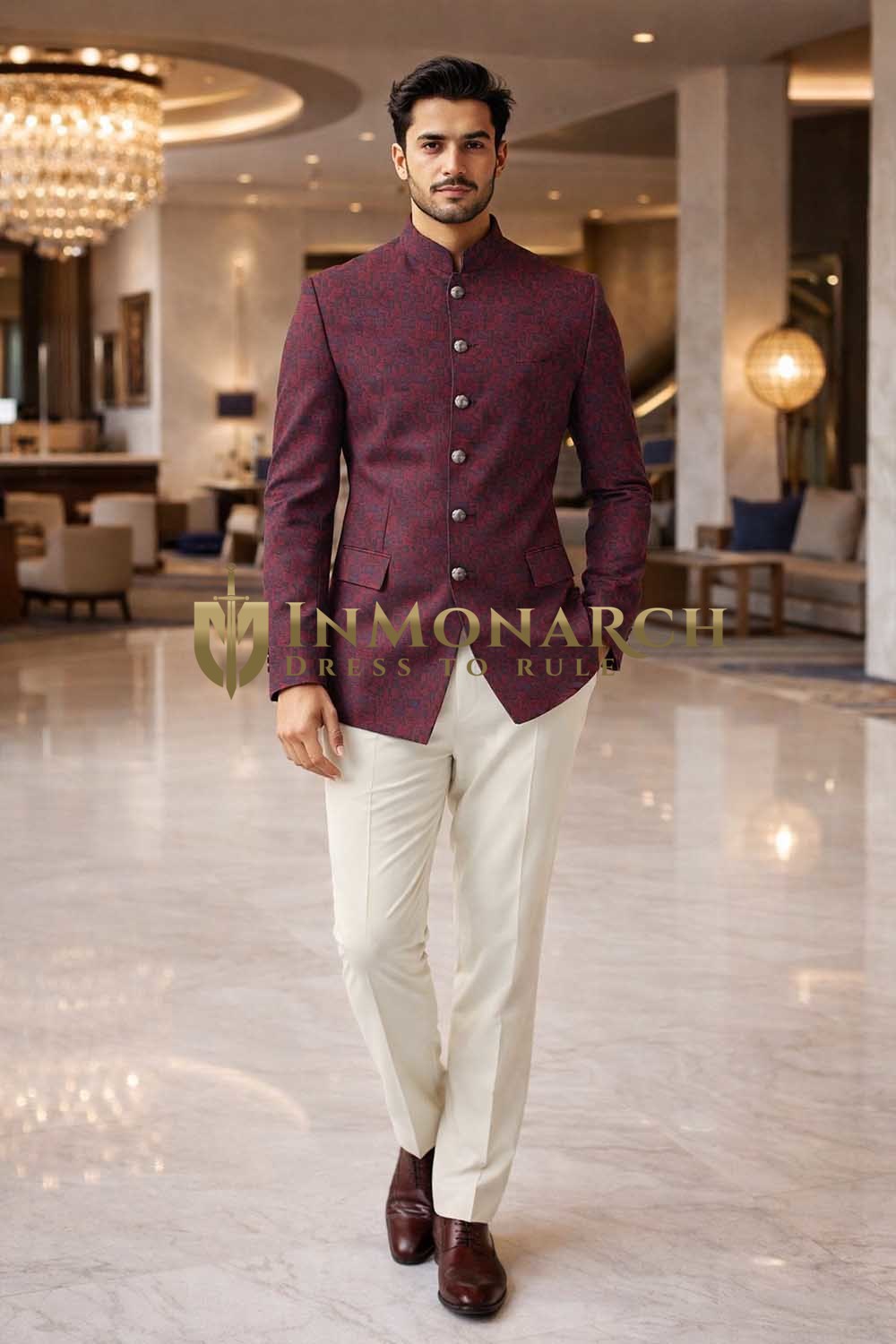 Jodhpuri Anzug Jacquard Bordeaux