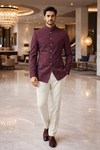 Mens Maroon Jacquard Jodhpuri Suit Nehru Collar Groom Wedding Formal Party Outfit