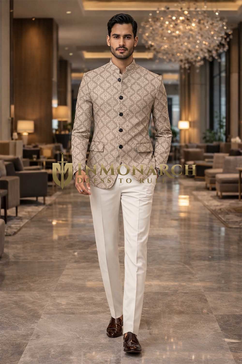 Mens Beige Jacquard Jodhpuri Suit Nehru Collar Groom Wedding Formal Party Outfit
