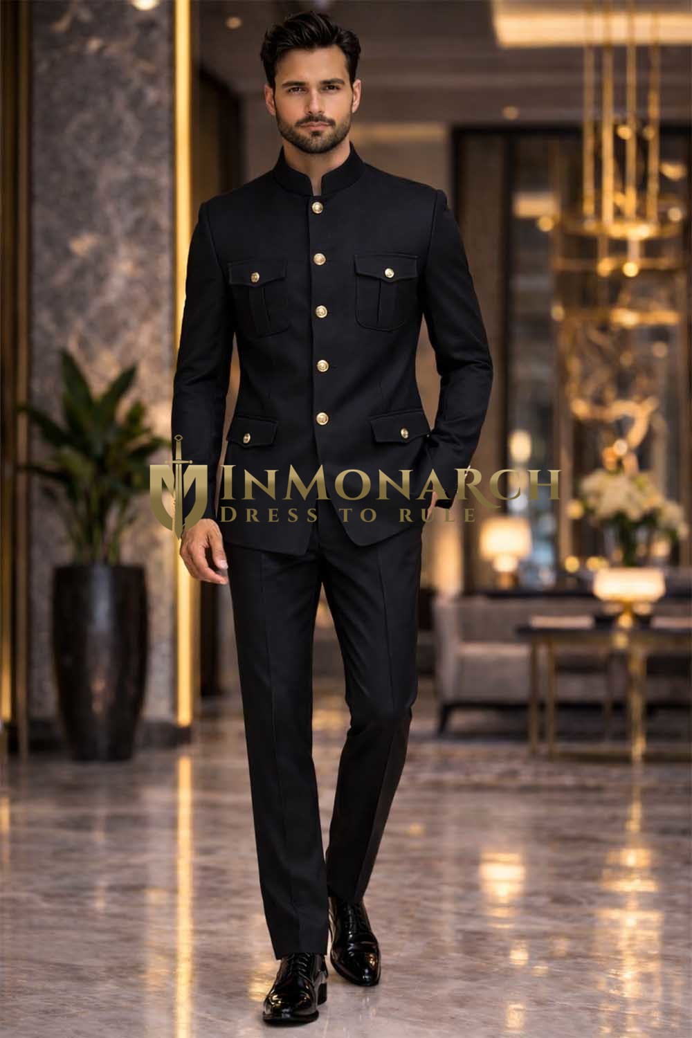 Mens Black Military Jodhpuri Suit Nehru Collar Wedding Formal Elite Pro Party Wear