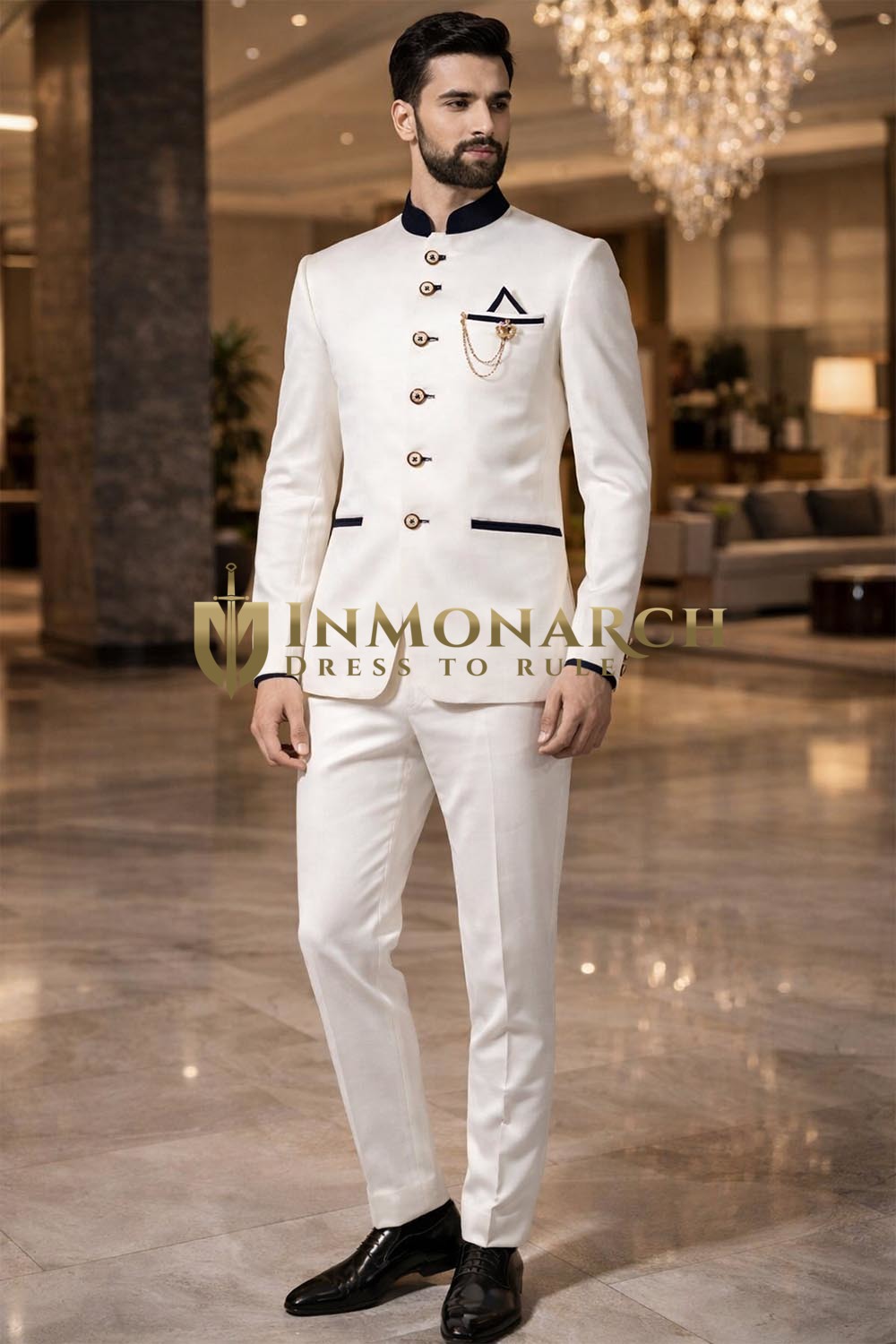 Traje Jodhpuri blanco 6 botones