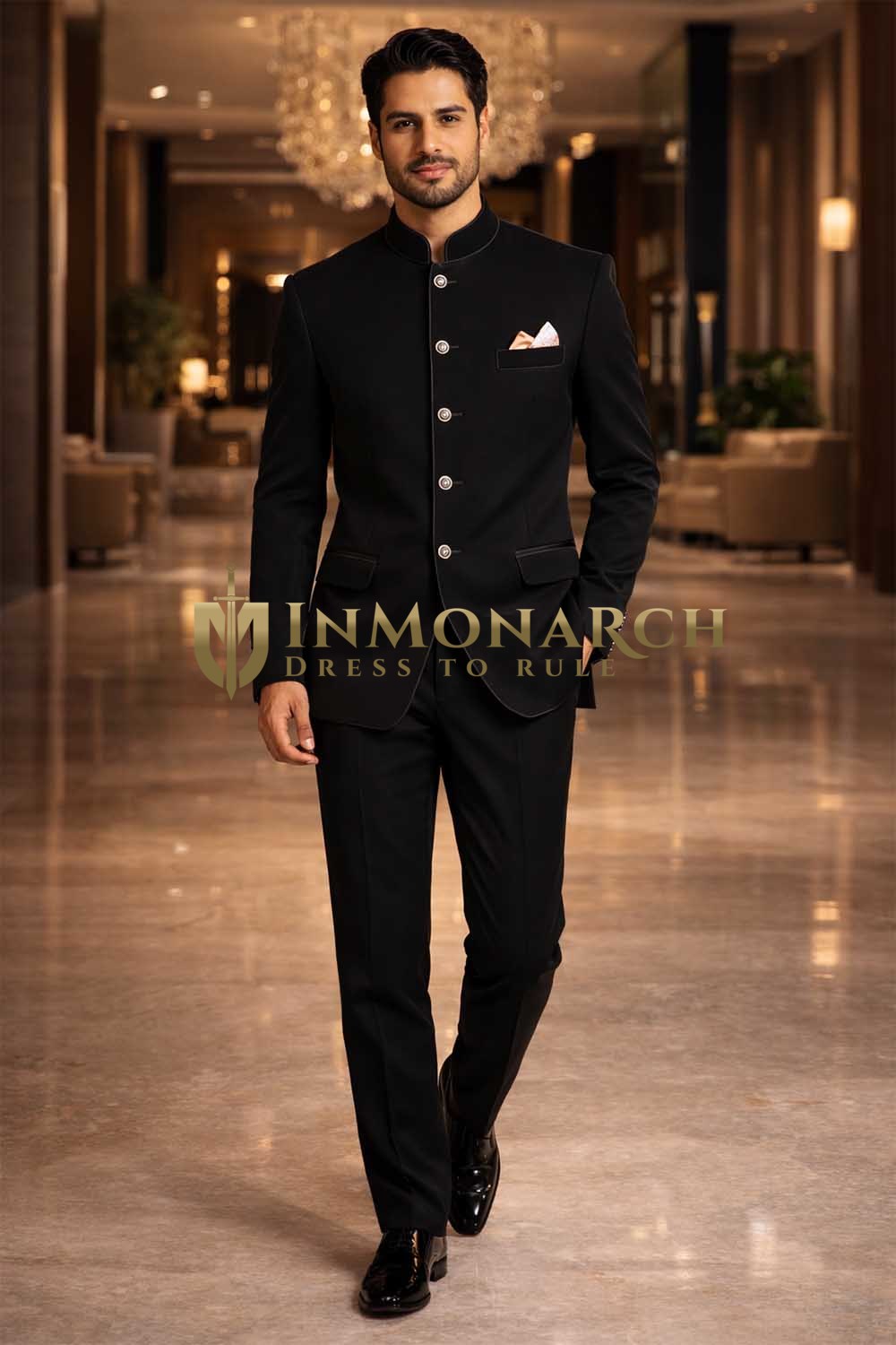 Mens Black Velvet Jodhpuri Suit Nehru Collar Groom Wedding Formal Evening Wear